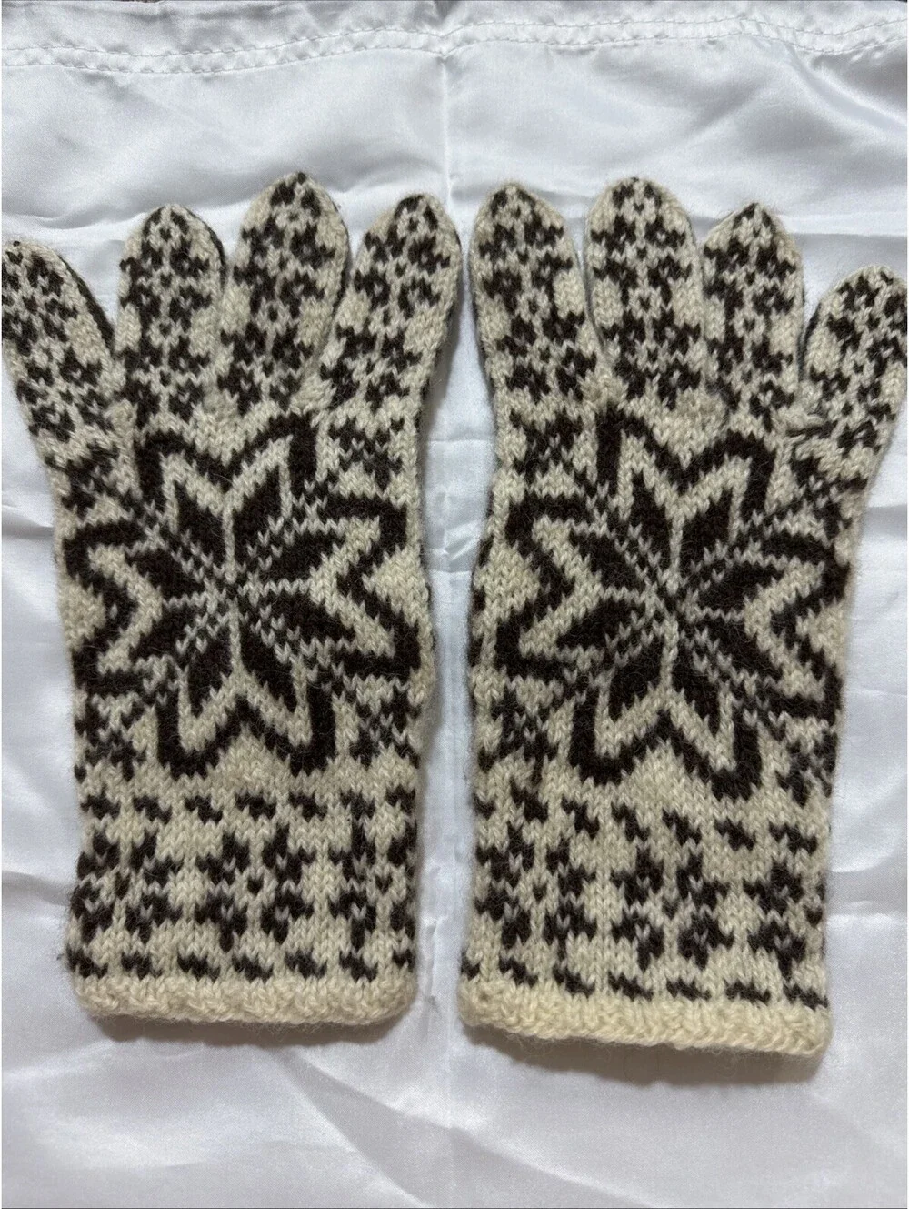 Hand Knit Wool Gloves Womens L Man M Scandinavian Nordic Snowflake Brown White]